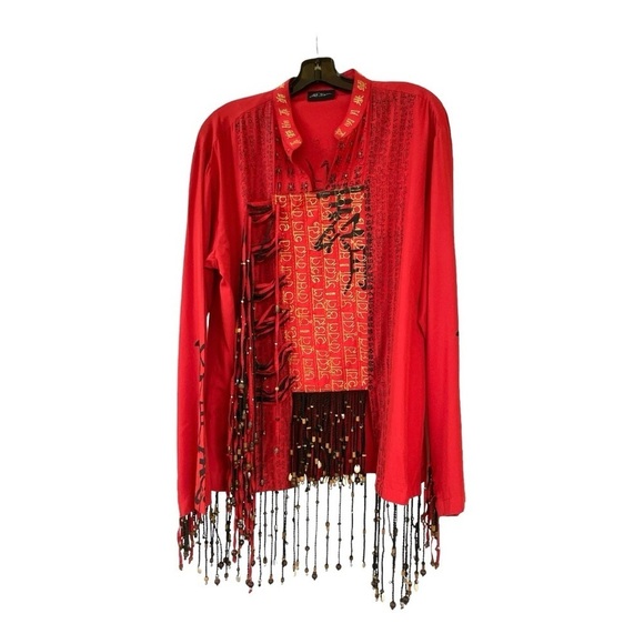 VTG  Akira Isogawa Red Beaded Fringe Boho Tunic Top Asian Script Festival Wear - Picture 1 of 16